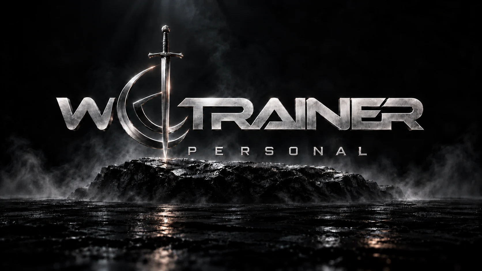 W Trainer Personal, a marca em aço com a espada, sobre a pedra.